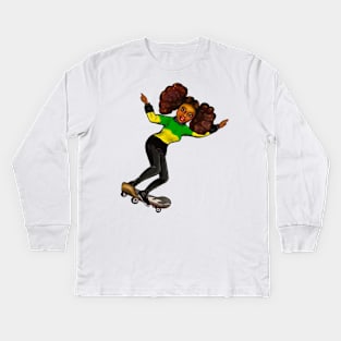 Jamaica jumper skateboarding girl- manga anime Jamaican girl on a skateboard wearing jumper with the  colours of Jamaican flag in black green and yellow Kids Long Sleeve T-Shirt